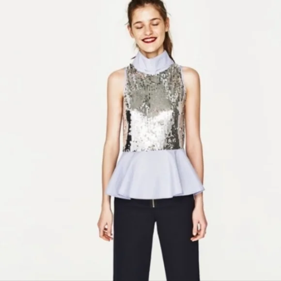 Zara Tops New Zara Blue Striped Sequin Front Sleeveless Peplum